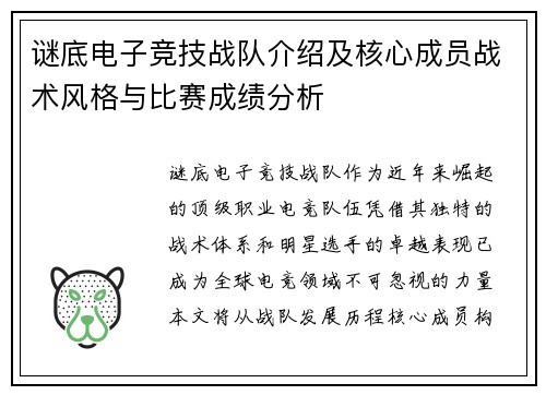 谜底电子竞技战队介绍及核心成员战术风格与比赛成绩分析